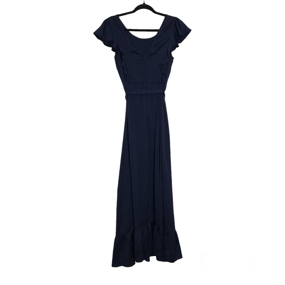 Frnch Womens Blue Ruffled Flutter Sleeve Belted Maxi Dress Size M Coquette NWT